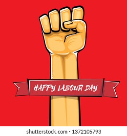Happy labour day vector label with strong orange fist isolated on red background. vector happy labor day background with man hand. red workers may day poster