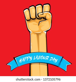 Happy labour day vector label with strong orange fist isolated on red background. vector happy labor day background with man hand. red workers may day poster