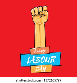 Happy labour day vector label with strong orange fist isolated on red background. vector happy labor day background with man hand. red workers may day poster