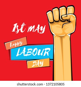 Happy labour day vector label with strong orange fist isolated on red background. vector happy labor day background with man hand. red workers may day poster