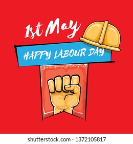 Happy labour day vector label with strong orange fist isolated on red background. vector happy labor day background with man hand. red workers may day poster