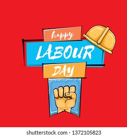 Happy labour day vector label with strong orange fist isolated on red background. vector happy labor day background with man hand. red workers may day poster