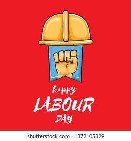 Happy labour day vector label with strong orange fist isolated on red background. vector happy labor day background with man hand. red workers may day poster