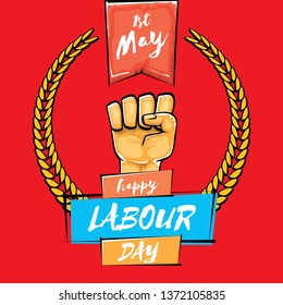 Happy labour day vector label with strong orange fist isolated on red background. vector happy labor day background with man hand. red workers may day poster