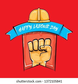 Happy labour day vector label with strong orange fist isolated on red background. vector happy labor day background with man hand. red workers may day poster