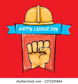 Happy labour day vector label with strong orange fist isolated on red background. vector happy labor day background with man hand. red workers may day poster