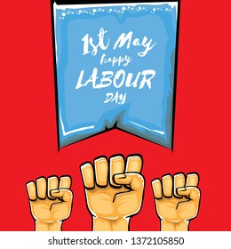 Happy labour day vector label with strong orange fist isolated on red background. vector happy labor day background with man hand. red workers may day poster