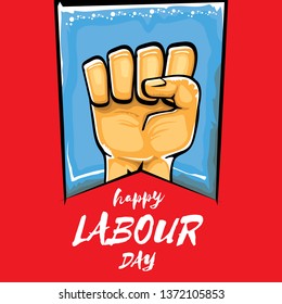 Happy labour day vector label with strong orange fist isolated on red background. vector happy labor day background with man hand. red workers may day poster