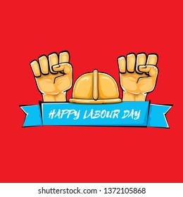 Happy labour day vector label with strong orange fist isolated on red background. vector happy labor day background with man hand. red workers may day poster