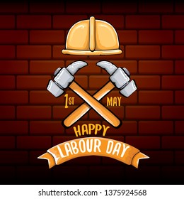 Happy labour day vector label isolated on blue. vector happy labor day background or banner with hammer . workers may day poster