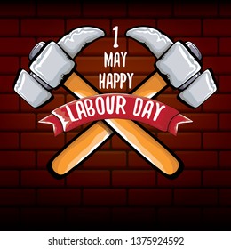 Happy labour day vector label isolated on blue. vector happy labor day background or banner with hammer . workers may day poster