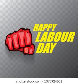 Happy labour day vector label with strong orange fist in the air on tansparent background. vector happy labor day background or banner with man hand. workers may day poster 