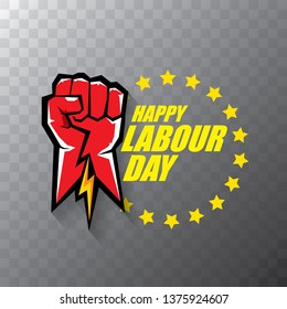 Happy labour day vector label with strong orange fist in the air on tansparent background. vector happy labor day background or banner with man hand. workers may day poster 