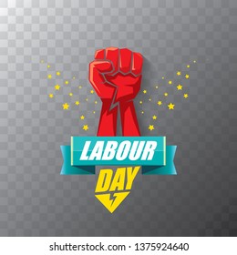 Happy labour day vector label with strong orange fist in the air on tansparent background. vector happy labor day background or banner with man hand. workers may day poster 