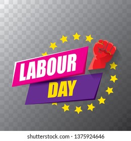 Happy labour day vector label with strong orange fist in the air on tansparent background. vector happy labor day background or banner with man hand. workers may day poster 