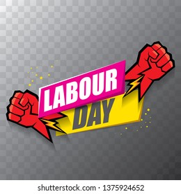 Happy labour day vector label with strong orange fist in the air on tansparent background. vector happy labor day background or banner with man hand. workers may day poster 