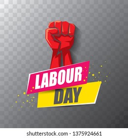 Happy labour day vector label with strong orange fist in the air on tansparent background. vector happy labor day background or banner with man hand. workers may day poster 