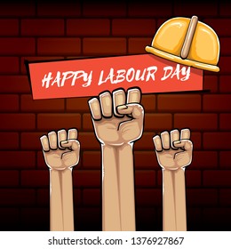 Happy labour day vector label with strong orange fist isolated on brick wall  background. vector happy labor day background with man hand. red workers may day poster 