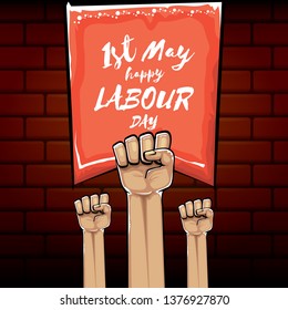 Happy labour day vector label with strong orange fist isolated on brick wall  background. vector happy labor day background with man hand. red workers may day poster 