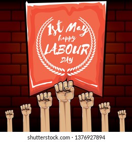 Happy labour day vector label with strong orange fist isolated on brick wall  background. vector happy labor day background with man hand. red workers may day poster 