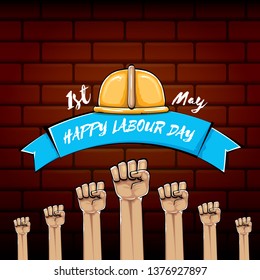Happy labour day vector label with strong orange fist isolated on brick wall  background. vector happy labor day background with man hand. red workers may day poster 