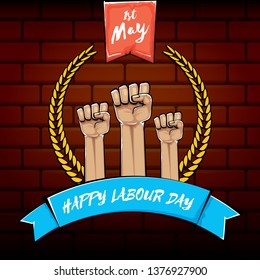 Happy labour day vector label with strong orange fist isolated on brick wall  background. vector happy labor day background with man hand. red workers may day poster 