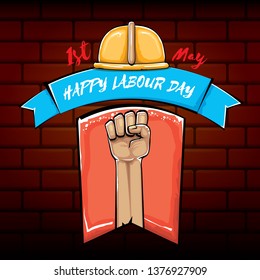 Happy labour day vector label with strong orange fist isolated on brick wall  background. vector happy labor day background with man hand. red workers may day poster 