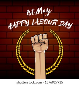 Happy labour day vector label with strong orange fist isolated on brick wall  background. vector happy labor day background with man hand. red workers may day poster 