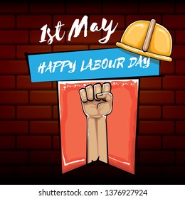 Happy labour day vector label with strong orange fist isolated on brick wall  background. vector happy labor day background with man hand. red workers may day poster 