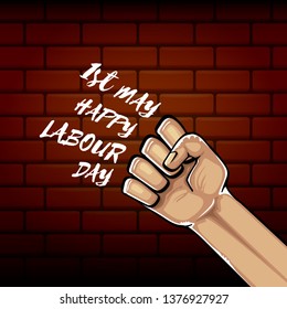 Happy labour day vector label with strong orange fist isolated on brick wall  background. vector happy labor day background with man hand. red workers may day poster 