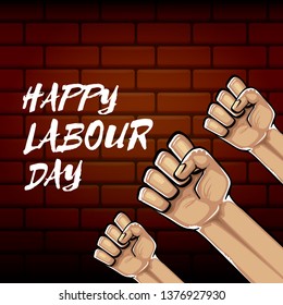 Happy labour day vector label with strong orange fist isolated on brick wall  background. vector happy labor day background with man hand. red workers may day poster 