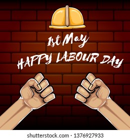 Happy labour day vector label with strong orange fist isolated on brick wall  background. vector happy labor day background with man hand. red workers may day poster 