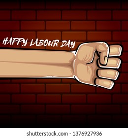 Happy labour day vector label with strong orange fist isolated on brick wall  background. vector happy labor day background with man hand. red workers may day poster 