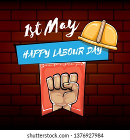 Happy labour day vector label with strong orange fist isolated on brick wall  background. vector happy labor day background with man hand. red workers may day poster 