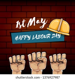 Happy labour day vector label with strong orange fist isolated on brick wall  background. vector happy labor day background with man hand. red workers may day poster 