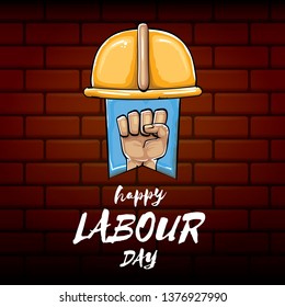 Happy labour day vector label with strong orange fist isolated on brick wall  background. vector happy labor day background with man hand. red workers may day poster 