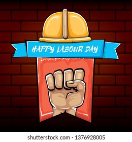 Happy labour day vector label with strong orange fist isolated on brick wall  background. vector happy labor day background with man hand. red workers may day poster 
