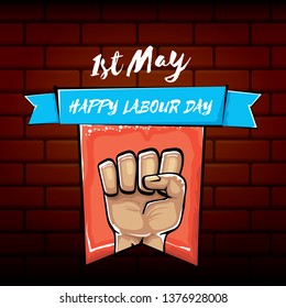 Happy labour day vector label with strong orange fist isolated on brick wall  background. vector happy labor day background with man hand. red workers may day poster 