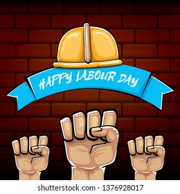 Happy labour day vector label with strong orange fist isolated on brick wall  background. vector happy labor day background with man hand. red workers may day poster 