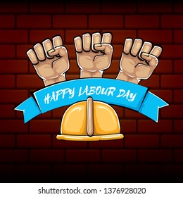 Happy labour day vector label with strong orange fist isolated on brick wall  background. vector happy labor day background with man hand. red workers may day poster 