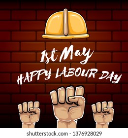 Happy labour day vector label with strong orange fist isolated on brick wall  background. vector happy labor day background with man hand. red workers may day poster 