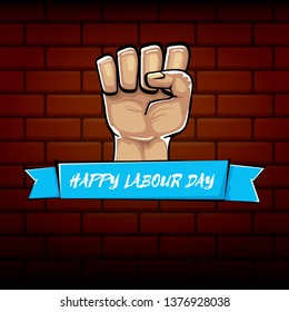 Happy labour day vector label with strong orange fist isolated on brick wall  background. vector happy labor day background with man hand. red workers may day poster 