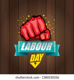 Happy labour day vector label with strong orange fist in the air on wooden background. vector happy labor day background or banner with man hand. workers may day poster