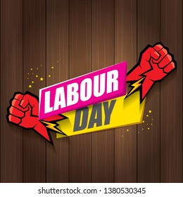 Happy labour day vector label with strong orange fist in the air on wooden background. vector happy labor day background or banner with man hand. workers may day poster