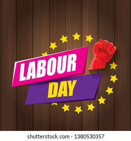 Happy labour day vector label with strong orange fist in the air on wooden background. vector happy labor day background or banner with man hand. workers may day poster