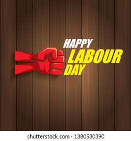 Happy labour day vector label with strong orange fist in the air on wooden background. vector happy labor day background or banner with man hand. workers may day poster