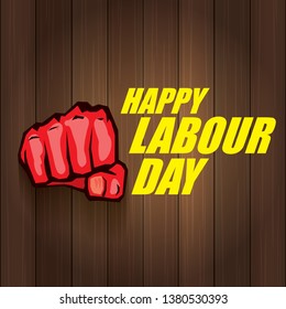 Happy labour day vector label with strong orange fist in the air on wooden background. vector happy labor day background or banner with man hand. workers may day poster