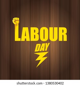 Happy labour day vector label with strong orange fist in the air on wooden background. vector happy labor day background or banner with man hand. workers may day poster