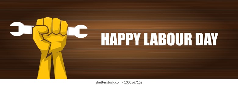 Happy labour day vector label with strong orange fist on wooden wall horizontal background. vector happy labor day background or horizontal banner with man hand. workers may day poster 