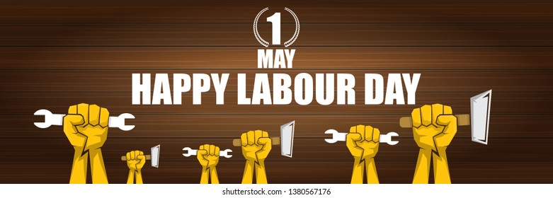 Happy labour day vector label with strong orange fist on wooden wall horizontal background. vector happy labor day background or horizontal banner with man hand. workers may day poster 